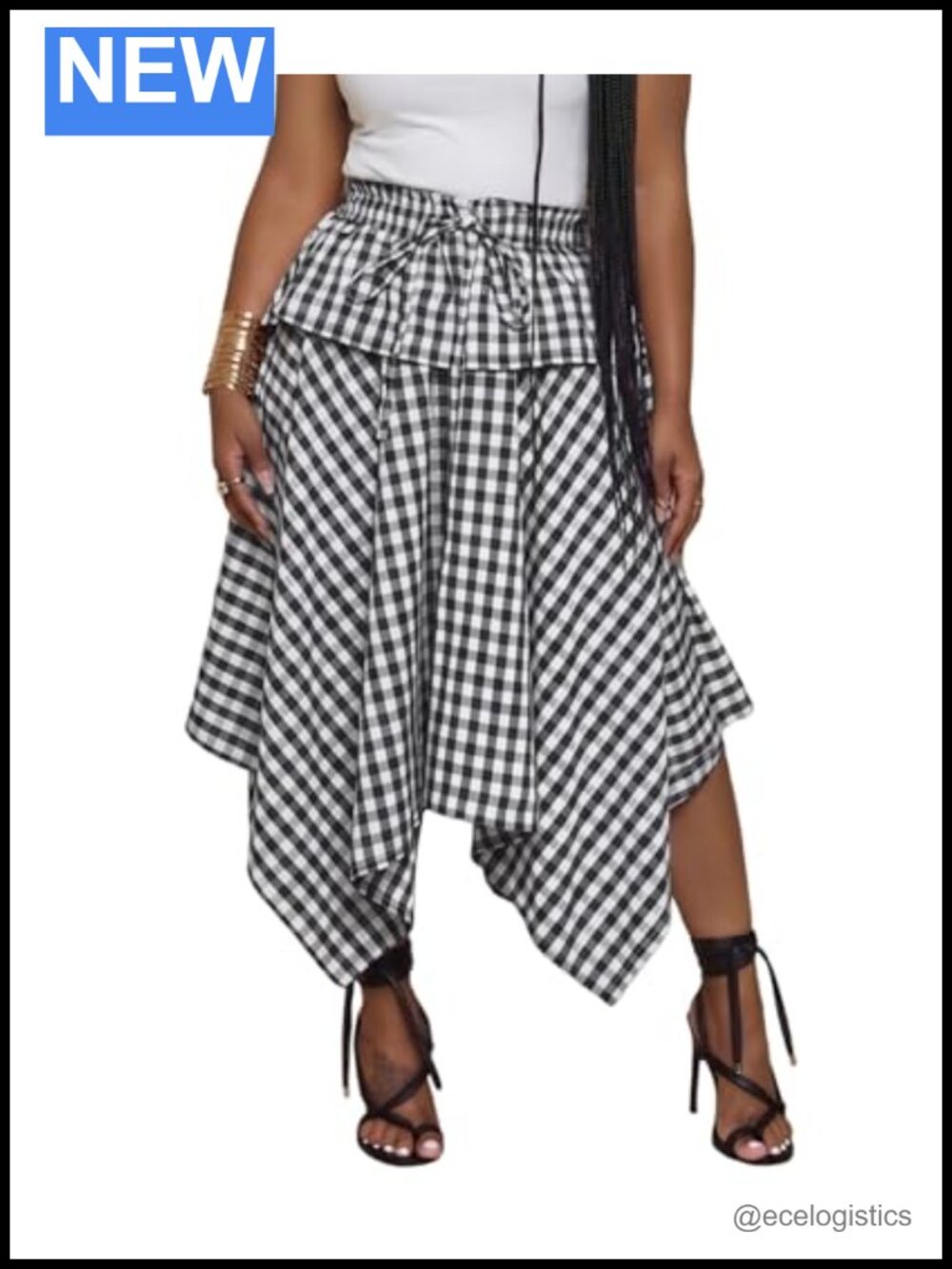 Gingham Handkerchief Midi Skirt Asymmetrical High Waist A-Line Flowy Lightweight